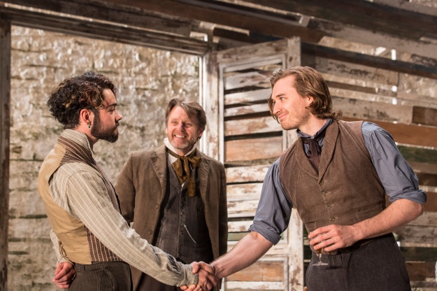 Jack McMullen (Piotr), Anthony Calf (Nikolai) and Seth Numrich (Bazarov) in Fathers and Sons. Photo by Johan Persson.